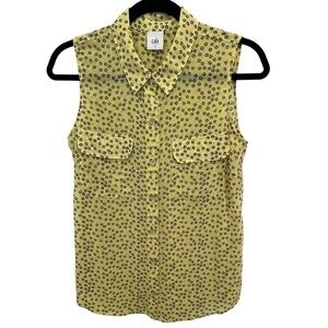 Cabi Viola Blouse #5348 Yellow Black Sheer Sleeveless Button Front Top Sz Small
